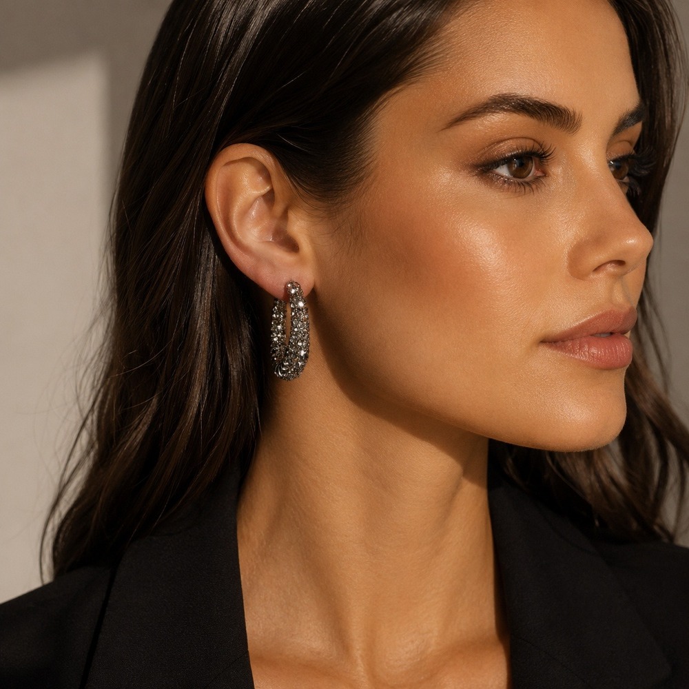 Silver Tone Smoky Crystal Encrusted Textured Statement Hoop Earrings Post Back